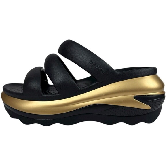 Crocs Mega Crush Women 11 Men 9 Black & Gold Triple Strap Platform Sandal New - Picture 1 of 9